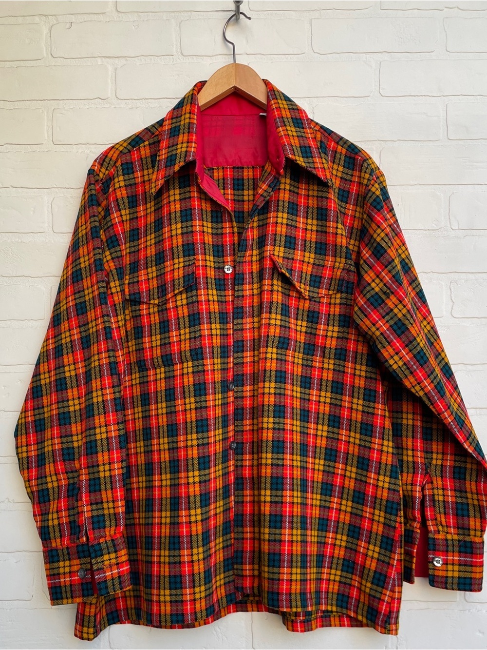 Vintage Red Yellow Green Plaid Casual Button-Down Shirt Big Mac
